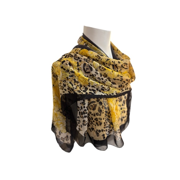 Roberto Cavalli Italy Silk Scarf  🇮🇹 – Leopard & Yellow Rose Print - Picture 6 of 10